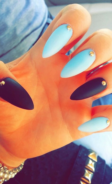 Aqua blue and black nails Cute Nails Acrylic Blue And Black, Black And Blue Ombre Nails Matte, Aqua And Black Nails, Black And Baby Blue Nails, Black And Light Blue Nails, Baby Blue And Black Nails, Light Blue And Black Nails, Teal And Black Nails, Nails Black Design