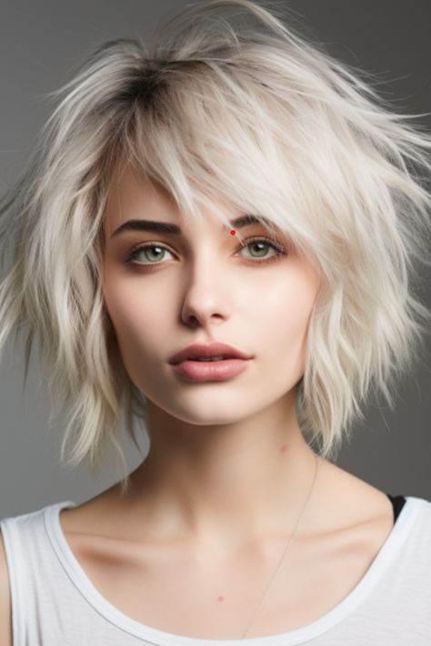 A platinum blonde shag hairstyle catches attention wherever you go. The cool icy shade adds a touch of freshness to the textured cut. Click here to check out more trending shag haircut ideas for 2023. Short Shag Hairstyles Blonde, Hair Shag Short, Shag Hairstyles Blonde, Platinum Blonde Shag, Blonde Shag, Shag Haircut Ideas, Shag Hairstyle, Pixie Undercut, Short Spiky Haircuts