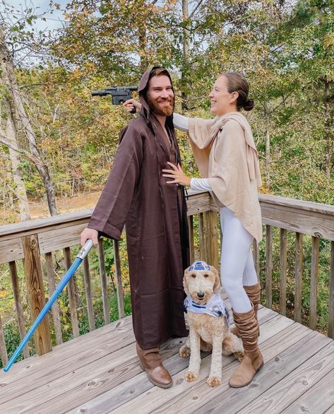 Cute Couple Halloween Costumes Star Wars, Husband Wife And Dog Halloween Costume, Couple And 2 Dogs Costume, Couples And Dog Costumes, Couple Halloween Costumes Star Wars, Dog And Couple Halloween Costume, Couples And Dog Halloween Costumes, Couples Halloween Costume With Dog, Couple Costume With Dog