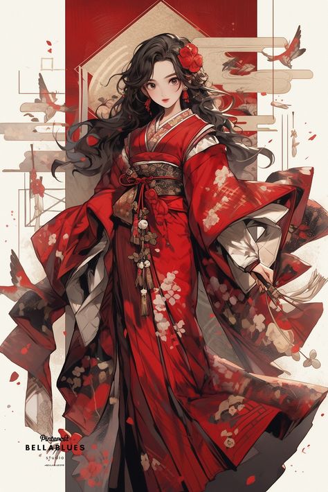 Fantasy Kimono Art, Anime Kimono Woman, Anime Kimono Art, Anime Kimono Design, Fantasy Kimono, Ancient Japanese Clothing, Princess Lolly, Animated Clothing, Geisha Anime