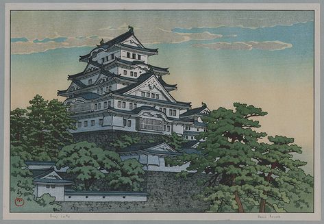 Himeji Castle (May, from the Calendar for the Pacific Transport Lines, 1953) by Kawase Hasui | Annex Galleries Fine Prints Kawase Hasui, Himeji Castle, Japanese Castle, Castle Art, Japanese Woodblock, Art Japonais, Japanese Woodblock Printing, Art Et Illustration, Handmade Oil