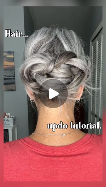 Erika Fenimore | Mature Beauty Bestie on Instagram: "Messy updo time. I mean who doesn’t love an updo that doesn’t have to be perfect??? #hairstlye #hairstyles #hairstyleoftheday #hairup #hairtutorial #hairupdo #silverhair #grayhair #grayhairmovement #silverandfree" Grey Updo Hairstyles, Grey Hair Updos, Grey Hair Over 50, Updo Tutorial, Messy Updo, Dirty Blonde Hair, Wedding Guest Hairstyles, Long Gray Hair, Hairstyles Over 50