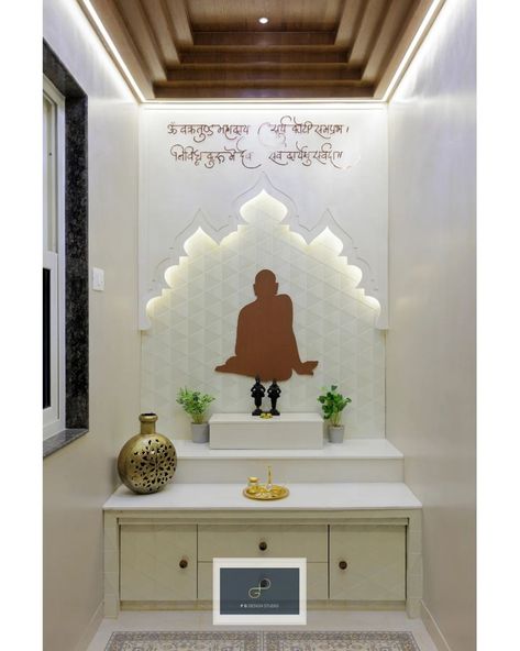 Modern Pooja Unit Designs In Living Room, Thulasi Plant Decoration, Thulasi Plant, Mandir Door, Mandir Ideas, Corian Temple, Puja Unit, Mandir Designs, Pooja Unit