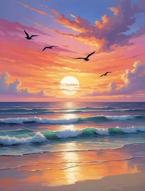 Sunrise On Beach Painting, Sea And Sunset Painting, Easy To Draw Beach Scene, Sunset Beach Canvas Painting, Painting Of Sunset On Beach, Sunset At The Beach Drawing, Sunset Waves Painting, Acrylic Painting Ideas Beach, Painting Ideas On Canvas Sea