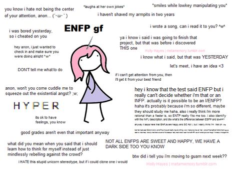 The unreliable narrator of my own memories. Enfp As A Girlfriend, Enfp T Personality Types, Enfp Gf, Intj And Enfp Relationship, Enfp Girlfriend, Enfp Meme, Enfp Things, Enfp Type, Enfp Entp