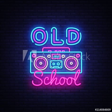 Stock Image: Old School neon sign vector. Retro Music Design template neon sign, Retro Style 80-90s, celebration light banner, tape recorder neon signboard, nightly bright advertising, light inscription. Vector Images Pop Art, Neon Words, Old School Music, New Retro Wave, Neon Nights, Youtube Logo, Neon Design, Neon Aesthetic, Neon Wallpaper