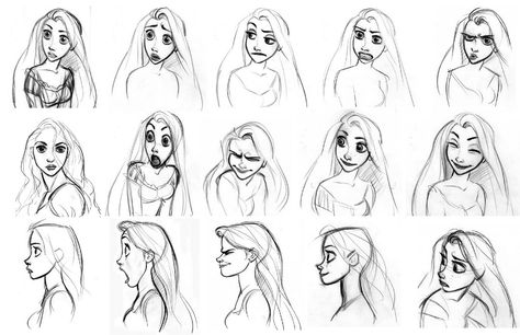 Disney Expressions, Rapunzel Sketch, Concept Art Disney, Tangled Concept Art, Concept Art Books, Glen Keane, Expression Sheet, Different Faces, Character Design Cartoon