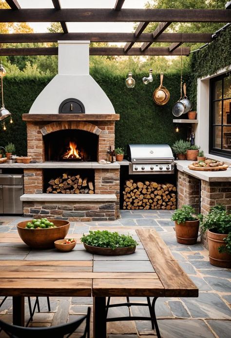 21 Stunning Outdoor Kitchen Patio Ideas (NEW) 4 Outdoor Kitchen Rustic Brick, Outside Kitchen With Pizza Oven, Pergola Pizza Oven, Outdoor Kitchen Courtyard, Exterior Bbq Outdoor Kitchens, Outdoor Oven Ideas, Inside Bbq Area, Moveable Outdoor Kitchen, Build In Grill Backyards