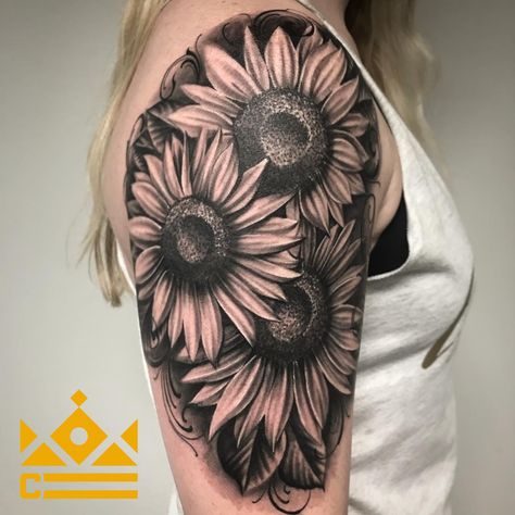 Sunflower Sleeve Tattoos For Women, Sunflower Tattoo For Men, Sunflower Shoulder Tattoos For Women, Black Sunflower Tattoo, Realistic Sunflower Tattoo, Sunflower Reference, Black And Grey Sunflower Tattoo, Dark Sunflower Tattoo, Black And Gray Sunflower Tattoo