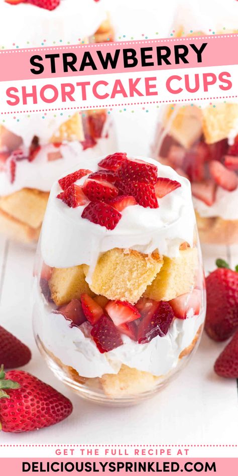 A no-bake spring recipe featuring a strawberry trifle! 3 ingredients are all you need for this easy Easter dessert recipe. Layered with pound cake and Cool whip, these individual Strawberry Shortcake Cups are fun and delicious! Individual Strawberry Shortcake, Strawberry Shortcake Cups, Shortcake Cups, Trifle Cups, Strawberry Shortcake Dessert, Strawberry Shortcake Trifle, Easy Strawberry Shortcake, Strawberry Trifle, Mini Dessert Cups