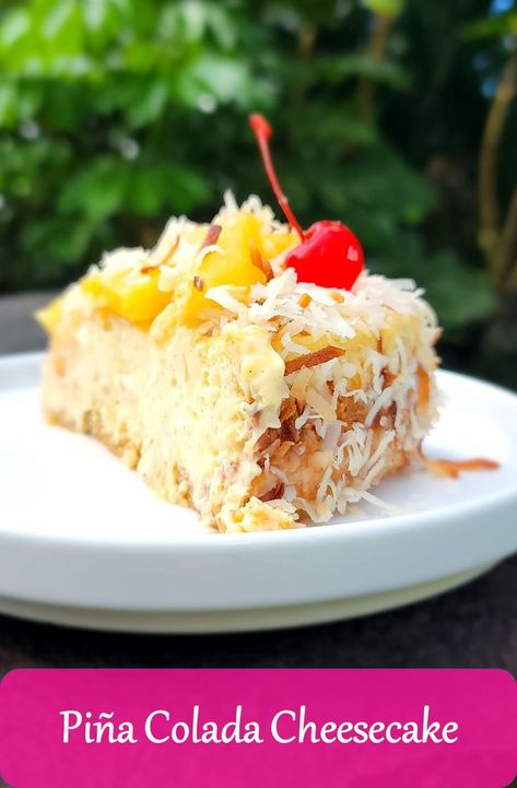 Pineapple Whip Cheesecake, Piña Colada Cheesecake, Tropical Cheesecake Recipes, Pina Colada Cheesecake Recipes, Pineapple Cheesecake Recipes, Pina Colada Pudding, Pina Colada Dessert, Pina Colada Pie Recipe, Pina Colada Pie