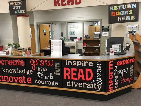 School Front Office Ideas, Library Wall Decor School, School Library Circulation Desk Ideas, Circulation Desk Makeover, Library Circulation Desk Decorations, Circulation Desk Decor, Library Desk Ideas, Public Library Decorating Ideas, School Library Circulation Desk