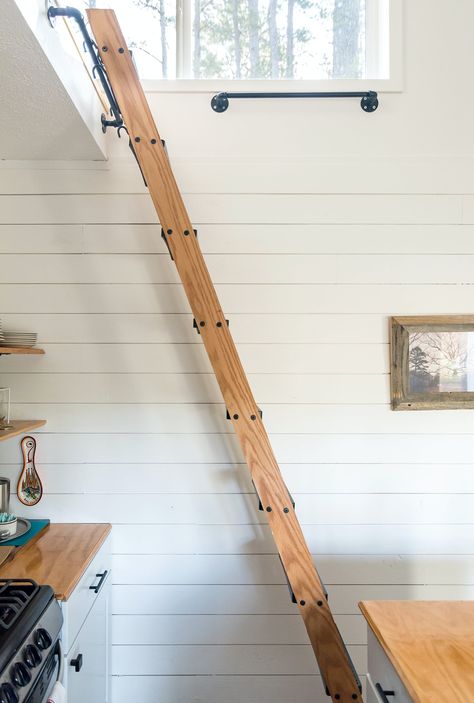 House Ladder, Shiplap Siding, Weekend Home, Porch Sitting, Loft Ladder, Minimalist Apartment, Sleeping Loft, Tiny Cabin, Family Property