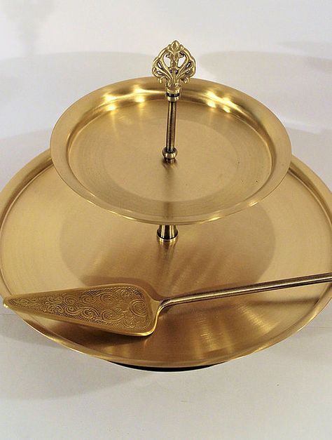 Buy Umang Konkan Handcrafted Brass Cake Stand with Server (Set of 2) (Dia:12.6in, H:9.4in) Online at Jaypore.com Gold Everything, Traditional Interior, Tiered Cake Stand, Serveware, Cake Stand, Shop Now, Brass, Cake, Gold