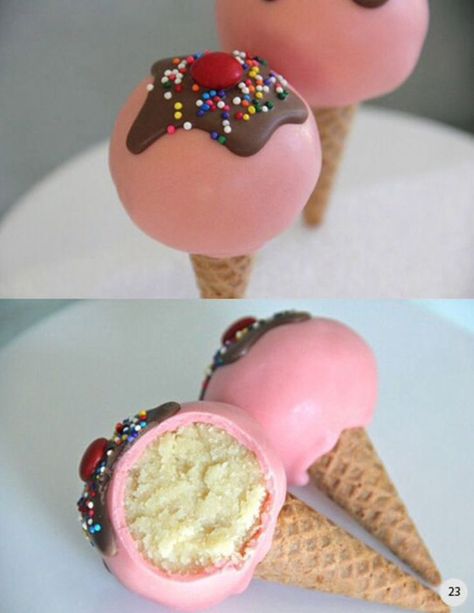 That is so creative it has an ice cream cone then a cake pop on the top.you should defiantly make this at home! Cake Pop Receita, Savory Cakes, Pop Cakes, Cake Ball, Cake Pop Recipe, Ice Cream Birthday, Ice Cream Cones, Bakery Business, Cake Balls