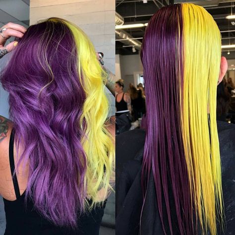 Olha essa combinação que estouro 💜💛 . . Repost @rainbowrage 😻 . . .… Split Dye, Split Dyed Hair, Dead Hair, Vibrant Hair, Hair Specialist, Temporary Hair Color, Yellow Hair, Grey Hair Color, Salon Style