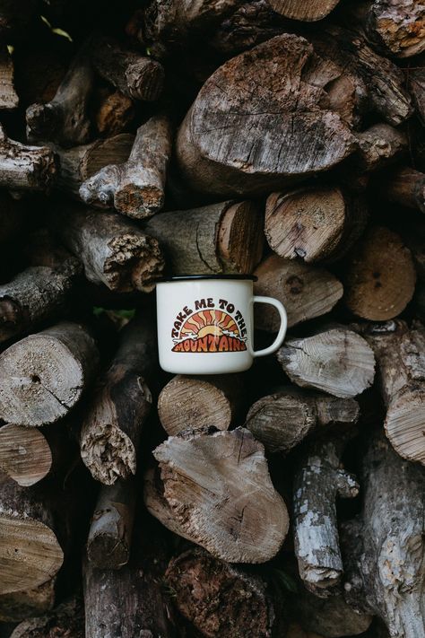 Take me to the mountains. Each of our enamelware mugs are made by hand - and are 100% dishwasher, stovetop, and campfire friendly. Camping Flatlay, Hiking Flatlay, Mug Lifestyle Photography, Campfire Coffee Photography, Vintage Camping Photos, Forest Campfire Aesthetic, Pnw Fall, Take Me To The Mountains, Pony Rider