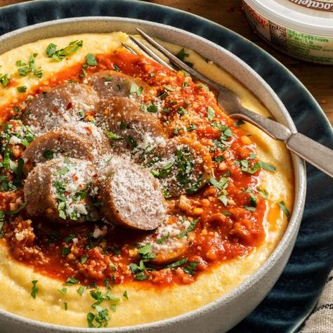 Naples Food, Cheesy Polenta, Tomatoes And Zucchini, Jumbo Lump Crab, Stuffed Artichokes, Polenta Recipes, Sausage Dishes, Creamy Polenta, Sweet Italian Sausage