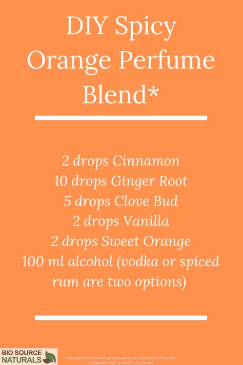 Add some spice to you life by creating this DIY essential oil perfume. Put the alcohol in a dark glass bottle and add the essential oils. Cover tightly and gently shake. Allow blend to sit for 2-6 weeks, then enjoy the fragrance!  Click the image for product information and more perfume recipes!  #aromatherapy #DIY # essentialoils Diy Essential Oil Perfume, Natural Perfume Recipes, Perfume Oil Recipes, Aromatherapy Diy, Essential Oil Perfume Blends, Perfume Blends, Essential Oil Perfumes Recipes, Homemade Perfume, Diy Fragrance