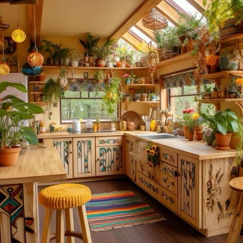 Tropical Boho Kitchen, Southwest Cottagecore, Cottagecore Kitchen Aesthetic, Hippie Kitchen, Maximalist Kitchen, Cottage Core Home, Organiser Cucina, Makeover Kitchen, Wallpaper Kitchen