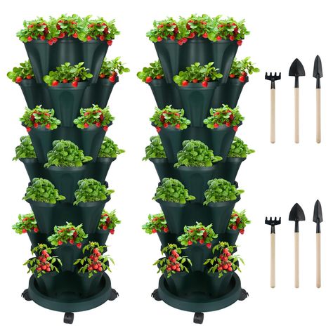 PRICES MAY VARY. STACKABLE PLANTER - Stack the planters to the height you desire. EASY TO MOVE - Four all-directional wheels, easy for the senior. DRAINAGE SYSTEM - Multiple drainage holes at the bottom prevent overwatering. RIGHT SOIL MOISTURE - A small amount of water is kept under the soil holding board. BREATHABLE - Unique stacking design for airflow keeps the roots healthy. Stackable Planters, Strawberry Planter, Gardening Pots, Vertical Garden Planters, Vegetable Planters, Strawberry Planters, Planting Tools, Indoor Flower Pots, Tiered Garden