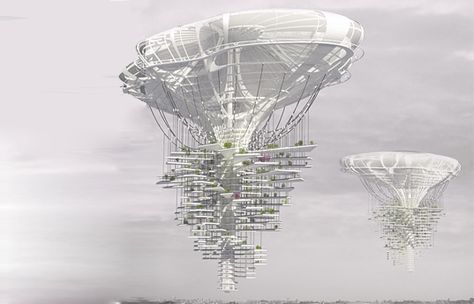 Buildings in the Sky! Floating mushroom skyscraper building idea to help clear the smog-choked city of beijing with possible polution eating bacteria and allowing more living space inside the city. Uses helium or hydrogen, solarpowered turbines and atmospheric pressure. Suspension Architecture, Flying Architecture, Vertical Farm, Architecture Cool, Arcology, Green Ideas, Tall Buildings, Floating Lights, Famous Architects