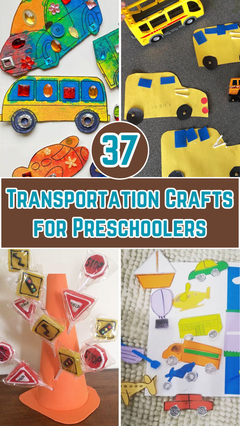 Image showcasing colorful transportation-themed crafts for preschoolers, including paper cars, cardboard trains, and a DIY airplane project made from recycled materials, arranged on a bright, playful background. Transportation Safety Preschool, Transportation Art Activities, Transportation Science Preschool, Car Crafts For Kids Preschool, Transportation Crafts Preschool, Transportation Art Preschool, Transportation Preschool Crafts, Train Crafts Preschool, Transportation Crafts For Preschoolers