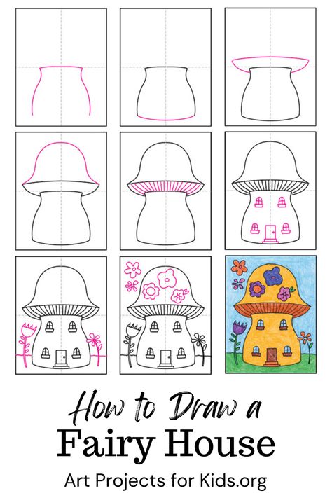 Inside you'll find an easy step-by-step How to Draw a Fairy House Tutorial. Stop by and download yours for free. #howtodraw #artprojectsforkids #fairyhouse How To Draw A Fairy Step By Step, Draw A Fairy, Fairy House Drawing, Draw A Mushroom, Decorating Letters, Simple House Drawing, Trin For Trin Tegning, Wellness Art, Valentine Drawing