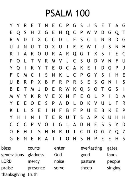 Psalm 100 Coloring Page, Christian Word Search Printables, Psalm 100 Craft For Kids, Sunday School Activity Sheets, 100 Word Search, Psalms 100, Church Calendar, Kids Word Search, Bible Word Searches