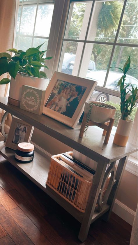 Shelf In Front Of Window Living Room, Table Behind Couch In Front Of Window, Table In Front Of Window Decor, Console Table Decorating By Window, Console Table In Front Of Window Decor, Decor In Front Of Window Living Room, Entryway Table In Front Of Window, Console Table Window, Entry Table In Front Of Window