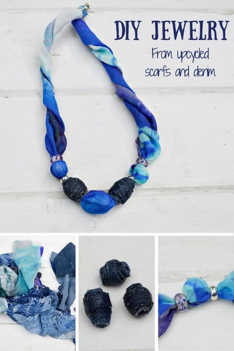 Jewelry making doesn’t always have to be a completely new piece to wear.  Why not upcycle some of your old wardrobe pieces to make something new to enjoy?  This necklace is made from an old s… Upcycle Jewelry Box, Homemade Necklaces, Diy Necklace Making, Diy Scarf, Scarf Necklace, Necklace Making, Upcycled Jewelry, Jewelry Repair, Diy Schmuck