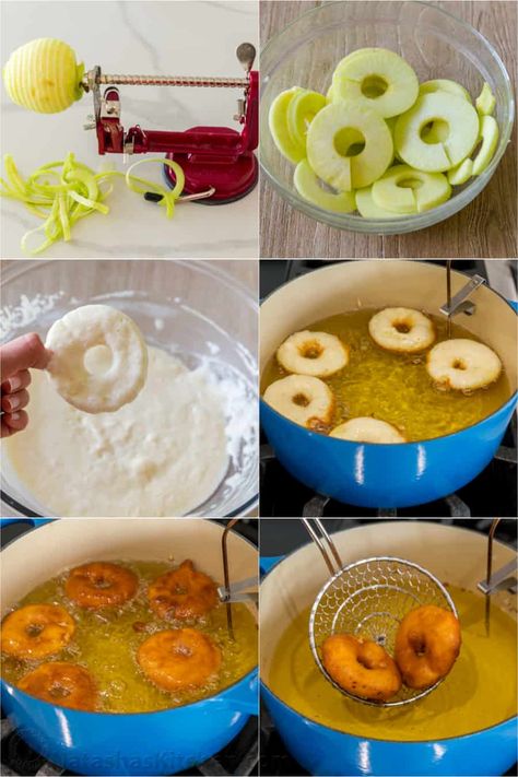 Apple Fritters are battered and fried apple donuts. Serve apple fritter rings rolled in cinnamon sugar, dusted with powdered sugar, or glazed Fried Apple Rings, Apple Fritters Recipe, Apple Doughnut, Natasha Kitchen, Fried Apple, Caramel Apples Recipe, Apple Bread Recipe, Fried Dessert, Apple Crumble Recipe