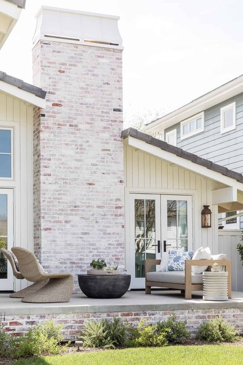 Whitewash Brick House, White Wash Brick Exterior, Mindy Gayer Design, Modern Front Porches, White Siding, Painted Brick House, White Wash Brick, Brick Chimney, Exterior Paint Color