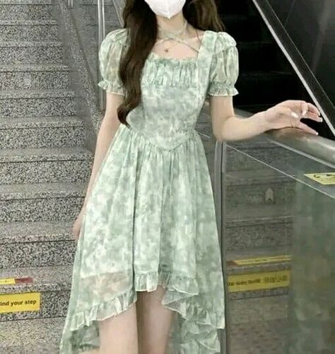 Clothes Aesthetic Korean, Beige Aesthetic Clothes, Pastel Aesthetic Clothes, Green Dress Aesthetic, Soft Girl Dress, Flower Dresses Outfit, Green Flower Dress, Pastel Color Dress, Green Dress Outfit