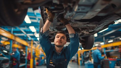 Mechanic at Work: A skilled mechanic carefully inspects and works on the underside of a vehicle in a busy garage. #mechanic #automotive #garage #workshop #car #undercarriage #inspection #repair #aiart #aiphoto #stockcake https://ayr.app/l/JQBo Car Mechanic Photography, Mechanics Photography, Mechanic Workshop, Automotive Garage, Truck Mechanic, Funny Mechanic, Mechanical Workshop, Social Media Branding Design, Car Workshop