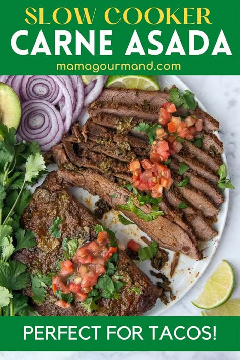 Slow Cooker Carne Asada Steak Tacos Crockpot, Carne Asada Slow Cooker, Dinner In A Crockpot, Steak In The Crockpot, Flank Steak Crock Pot, Slow Cooker Carne Asada, Slow Cooker Flank Steak, Mamagourmand Recipes, Recipes For Ground Beef