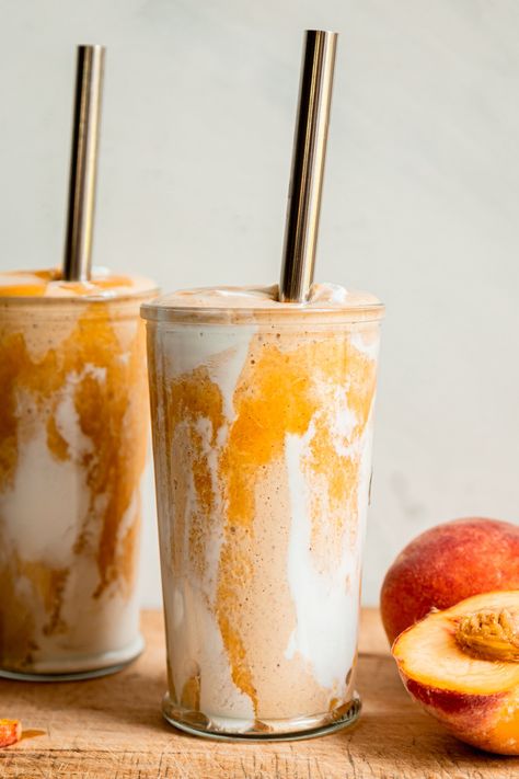 Cool Smoothies, Vegan Protein Smoothie Recipes, Peach Meals, Peach Protein Smoothie, Peach Smoothie Recipes Healthy, Orange Cream Smoothie, Healthy High Protein Smoothies, Peaches And Cream Smoothie, Smoothie Truck