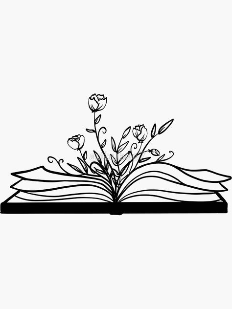 "Flowers growing out of a book" Sticker by artbybee7 | Redbubble Flowers Growing Out Of Body Drawing, Drawing Ideas Books, Still Growing Tattoos, Still Growing Tattoo, Books And Flowers, Flowers Sketch, Fall Acrylic, K Tattoo, Flowers Growing