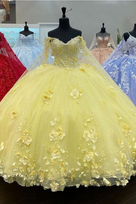 Beauty And The Beast Sweet 16 Dresses, Light Yellow Quince Dress, Sweet 16 Yellow Theme, Sweet 16 Party Ideas Yellow, Yellow Dama Dresses, Belle Theme Quinceanera, Pastel Yellow Quinceanera Dress, Quince Dresses Yellow, Yellow Quinceanera Theme