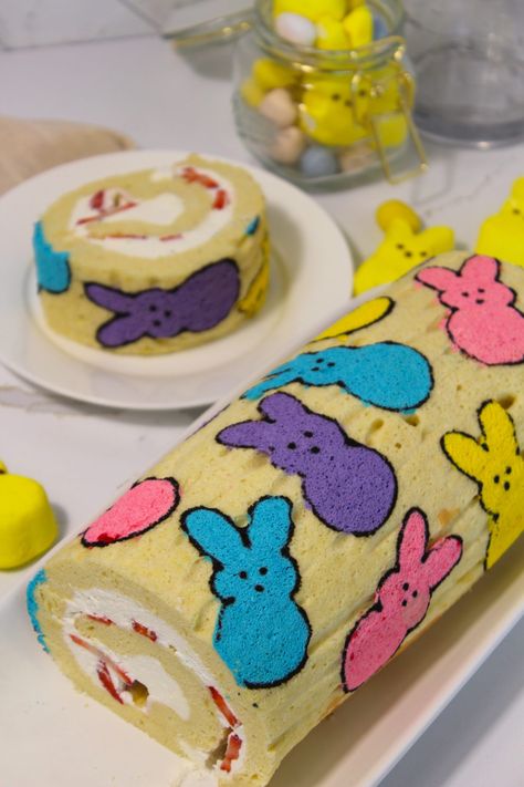 Easter Peeps Swiss Roll - The Squeaky Mixer Swiss Rolls, Swiss Roll Cake, Summer Cakes, Swiss Roll, Food Dye, Easter Peeps, Roll Cake, Easter Dessert, Fun Baking Recipes