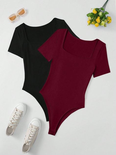 Multicolor Casual Collar Short Sleeve Knitted Fabric Plain Tee Embellished High Stretch  Women Clothing Bodysuit Shirt, Blouse Casual Fashion, Crop Top Dress, Shein Outfits, Trendy Outfits For Teens, Short Sleeve Jumpsuits, Women Nightwear, Jumpsuit With Sleeves, Womens Bodysuit