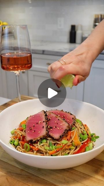 Erin O'Brien on Instagram: "This Soba Noodle Salad with Sesame Crusted Ahi is the perfect dish to make this Brat Summer 💚😉 So delicious! 

Serves: 6

For the Tuna: 
10-16oz. sushi grade ahi tuna, thawed and room temperature 
1/4 cup soy sauce 
1/4 cup sesame seeds 
1/4 cup avocado oil (or neutral oil of choice for searing) 

For the Salad: 
1 9.5 ounce pack soba noodles 
1 red bell pepper, thinly sliced 
2 carrots, sliced into ribbons using a vegetable peeler (or thinly sliced) 
1 cup edamame 
2 limes, sliced for serving 
1 bunch scallion greens, sliced for garnish 

For the Dressing: 
6 tablespoons toasted sesame oil 
6 tablespoons soy sauce 
3 tablespoons mirin 
1 tablespoon honey 
2 tablespoons rice wine vinegar 
1 bunch scallion whites, minced 
1 tablespoon freshly grated ginger 
1 c Rest Note, Soba Noodle Salad, Toasted Sesame Oil, Soba Noodles Salad, Soba Noodle, Brat Summer, Ahi Tuna, Soba Noodles, Noodle Salad