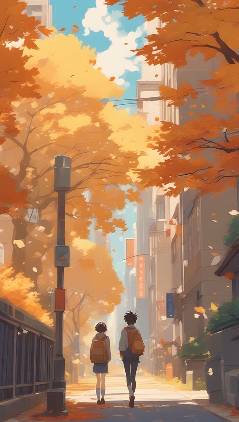 Anime Fall Wallpapers, Fall Sky Wallpaper, Fall Anime Art, Autumn Themed Wallpaper, Anime Fall Aesthetic, Fall Anime Wallpaper, Fall Anime Aesthetic, Autumn Season Drawing, Autumn Anime Wallpaper