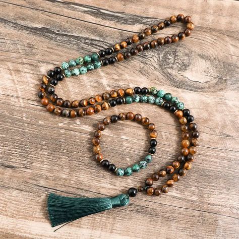 Tiger Eye Beaded Necklace Black Onyx Turquesa Africana Beads Necklace Jewelry - Temu Gemstone Accessories, Obsidian Necklace, Mala Bead Necklace, Beaded Tassel Necklace, Tigers Eye Necklace, 108 Mala Beads, Diffuser Jewelry, African Turquoise, Party Necklace