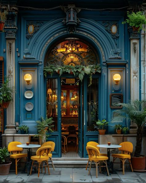 European Cafe Outdoor, Mediterranean Restaurant Exterior, Rustic Cafe Ideas, French Cafe Interior Design, Yellow Coffee Shop, Colourful Cafe, Classic Coffee Shop, French Cafe Decor, Cafe Facade