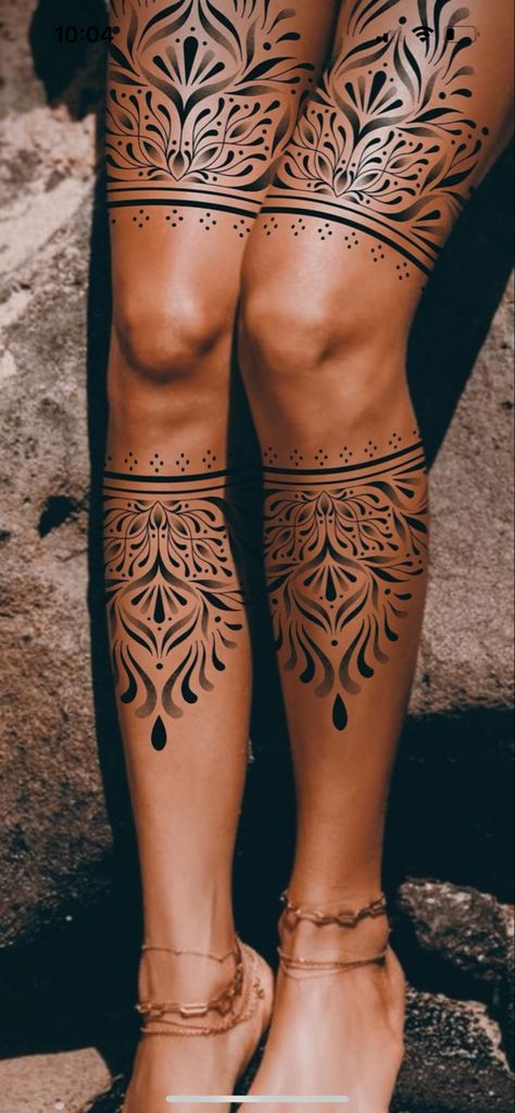 Thigh To Shin Tattoo, Knee And Shin Tattoos For Women, Celtic Leg Tattoo Men, Boho Knee Tattoo, Thigh Band Tattoo Women Simple, Ladies Calf Tattoo Ideas, Leg Lace Tattoo Design, Leg Tattoos Women Thigh Upper, Polynesian Tattoos Women Thigh