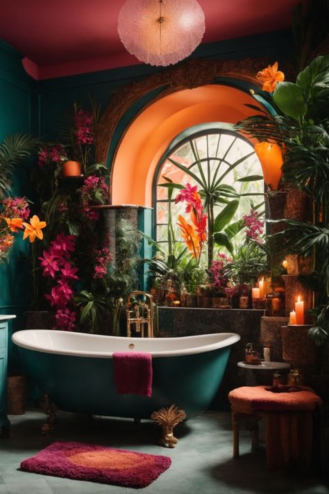 :Immerse yourself in this enchanting Tropical Oasis Bathroom, boasting vibrant colors and exotic elements. The deep teal walls, accented by a sunlit coral archway, create an intoxicating ambiance. An abundance of lush, verdant plants and radiant flowers breathe life into the space. The standout cylindrical shower and elegant clawfoot bathtub provide a perfect blend of modern luxury and vintage charm. Korean Bedroom, Bohemian Bathroom, Bathroom Paint, Deco Studio, Rooms Ideas, Home Decor Ideas Living Room, Tropical Wall Art, Maximalist Decor, Home Decor Living Room