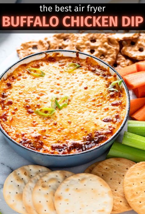 Create a homemade sensation with our air fryer buffalo chicken dip recipe! With only 5 ingredients, this dip is a delicious blend of buffalo chicken and blue cheese, finished with a sprinkle of green onions. It's an ideal recipe for a fast and tasty dip, perfect for serving with celery, crackers, or pretzels at parties, game days, or holidays. Whether made from scratch or with leftover chicken, this dip is a simple, crowd-pleasing treat that's sure to be a favorite. Buffalo Chicken Dip Air Fryer, Healthy Crispy Chicken, Best Sauce For Chicken, Homemade Buffalo Chicken, Air Fryer Buffalo Chicken, Bbq Chicken Dip, Delicious Air Fryer Recipes, Chicken Wing Dip, Leftover Chicken Breast