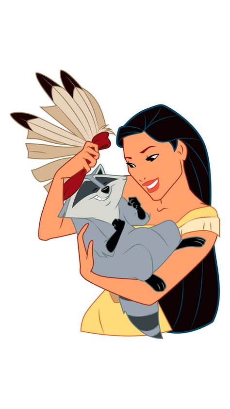 Pochantas Disney, Pocahontas And Meeko, Pocahontas Drawing, Raccoon Friend, Meeko Pocahontas, Pocahontas Birthday, Woman With Long Black Hair, Popular Cartoon Characters, Disney Characters Christmas