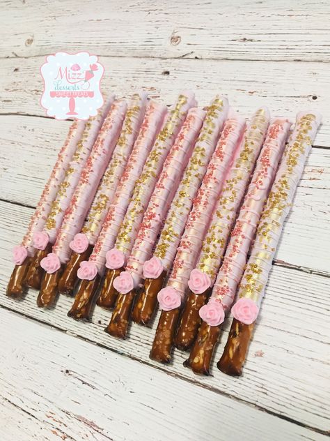 Rose Gold Pretzel Rods Rose Gold Party Food, Rose Gold Food Ideas, Rose Gold Party Food Ideas, Pink And Rose Gold Dessert Table, Rose Gold Treats Ideas, Rose Gold Treat Table, Rose Gold Birthday Treats, Rose Gold Candy Table Ideas, Rose Gold Candy Table